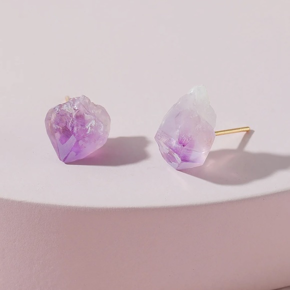 Free People Jewelry - 14K Gold Plated Purple Raw Druzy Natural Amethyst Crystal Gemstone Stud Earrings
